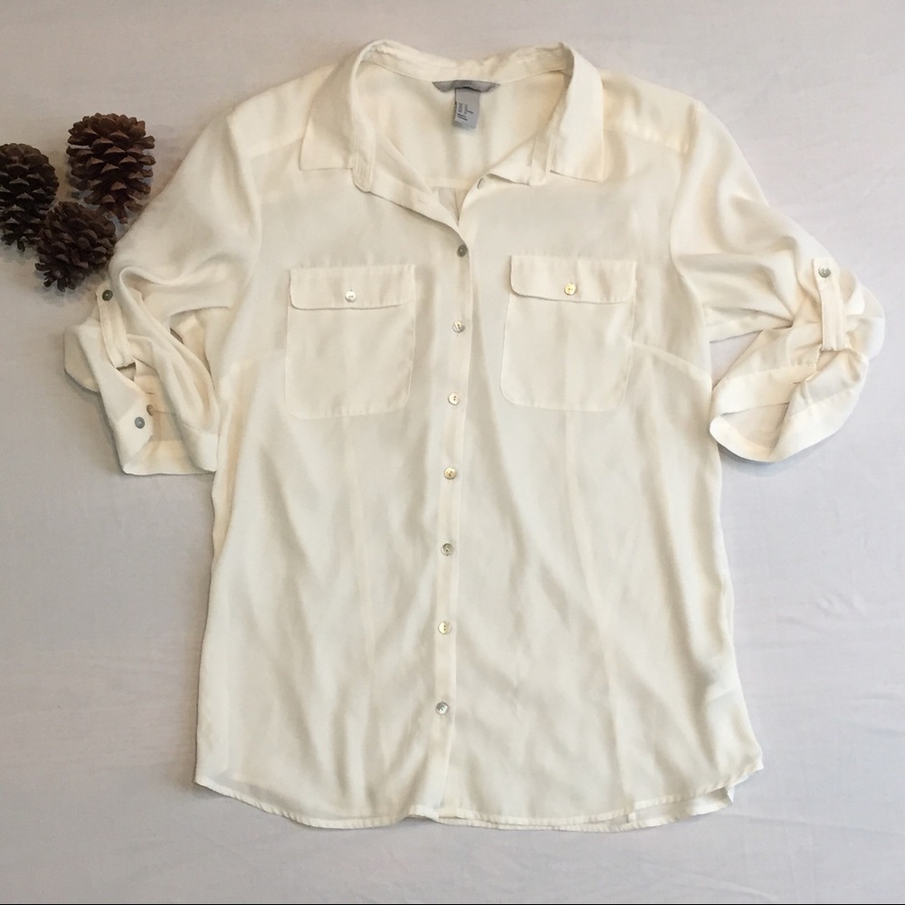 H&M Sheer Cream Button up Blouse 3/4 Sleeves